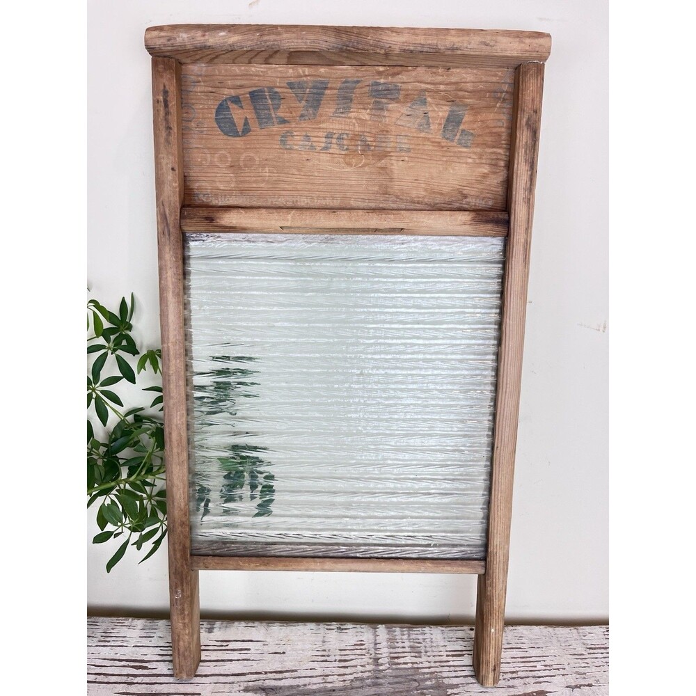 Antique LG Rustic Crystal Co Wood & Glass Standing Hanging Washboard Country
